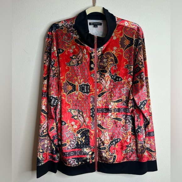 INC International Concepts Red Black Paisley Bomber Jacket Velvet Hip Hop Lux - Picture 2 of 10